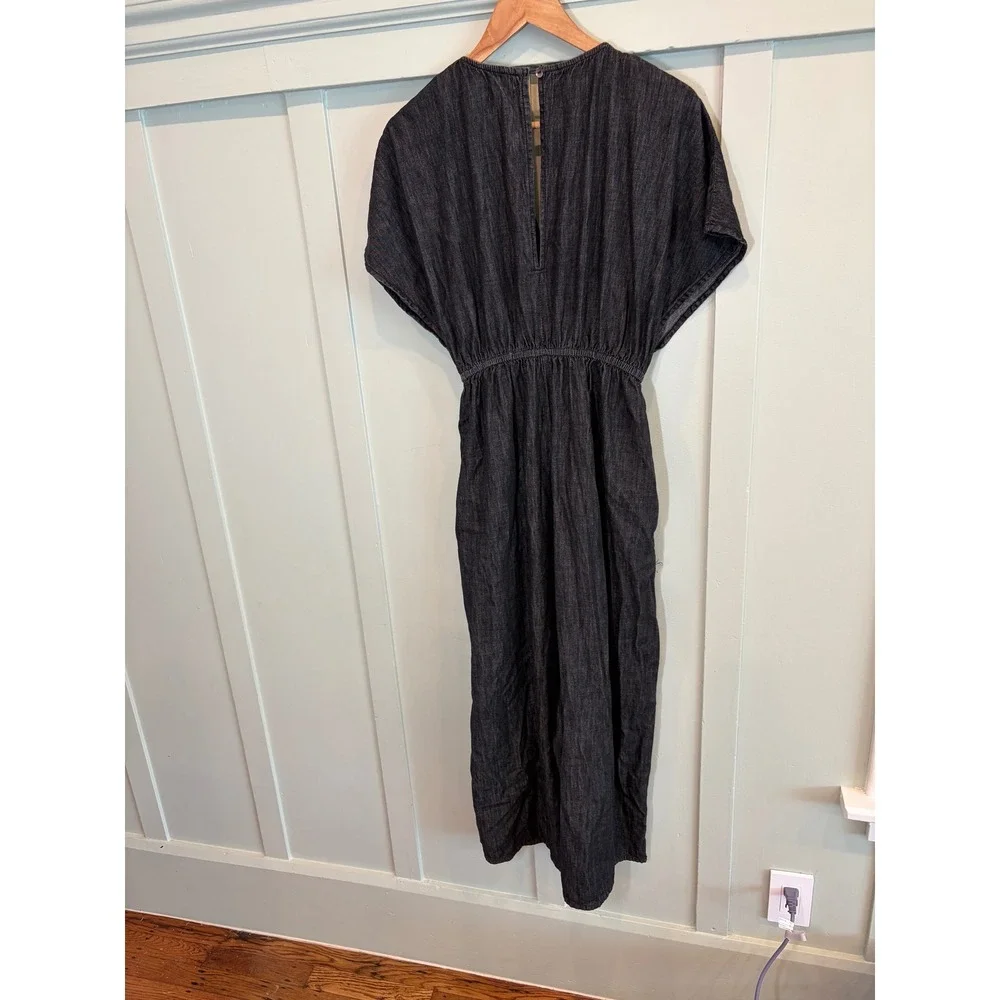 World Market Denim Jumpsuit Wide Leg Flowy Dark Wash V-Neck Boho Blue SM